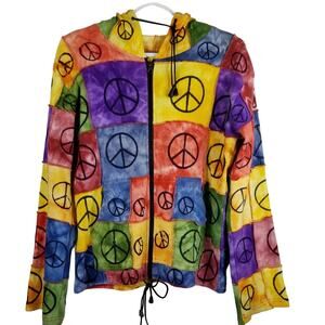KPC Colorful PatchWork Peace Symbol Full Zip Winter Warm Hooded Jacket S